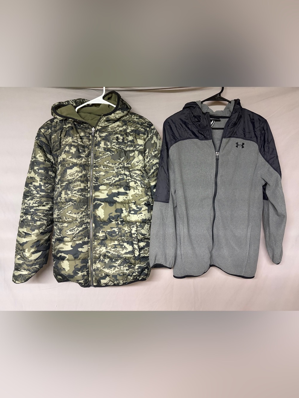 Under Armour Lot. Youth XL Reversible Camo Puffer & Grey zip-up hoodie Set